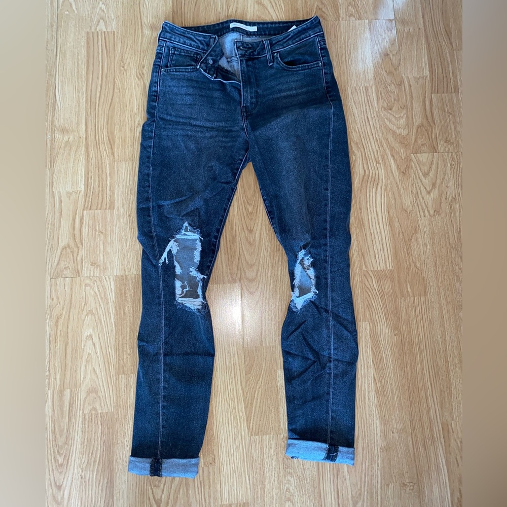 Levi’s High Rise Skinny Dark Grey Jeans with Holes in Knees